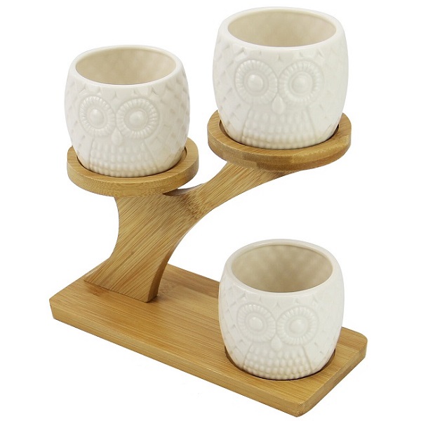 OWL POTS WITH STAND CERAMIC PLANT POT WITH BAMBOO STAND NO PLANTS INCLUDED